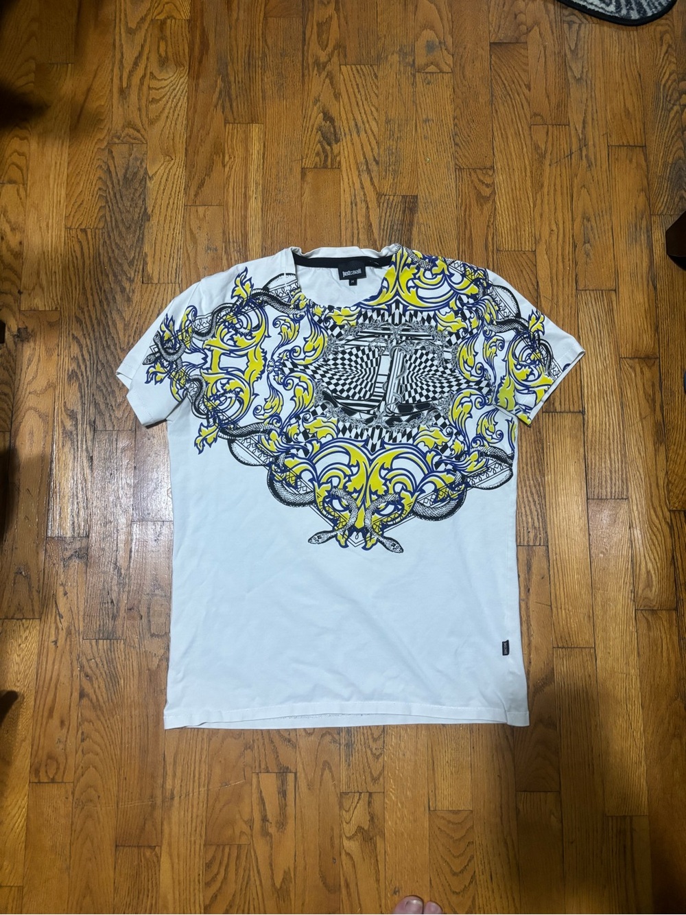 Just Cavalli White Short Sleeve Tee with Yellow & Black Baroque Graphic